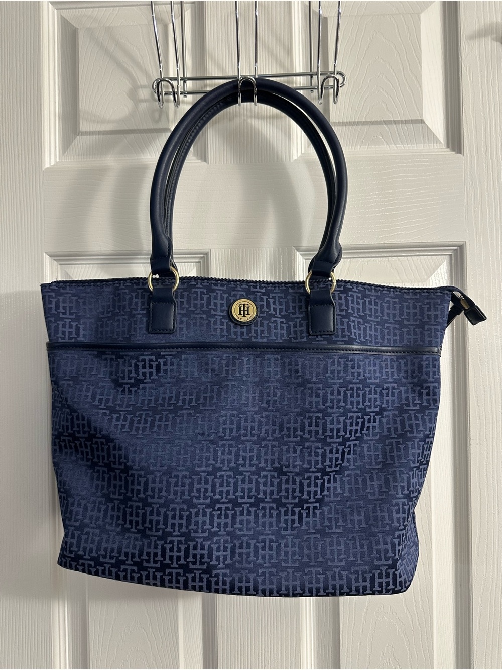 Tommy Hilfiger Navy Logo Jacquard Tote with Gold Accent